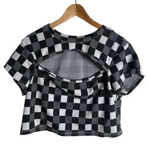BP Women's Size 1X Black White Gingham Cutout Front Short Sleeve Checkered Top